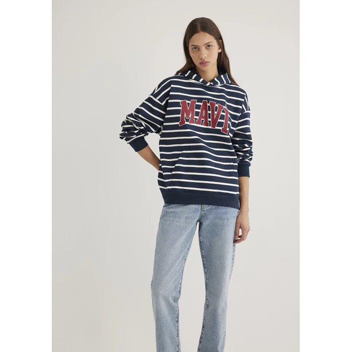 Mavi 1S10118-81518 Mavi Logo Baskılı Lacivert Çizgili Sweatshirt