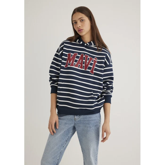 Mavi 1S10118-81518 Mavi Logo Baskılı Lacivert Çizgili Sweatshirt