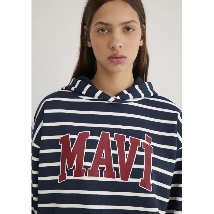 Mavi 1S10118-81518 Mavi Logo Baskılı Lacivert Çizgili Sweatshirt