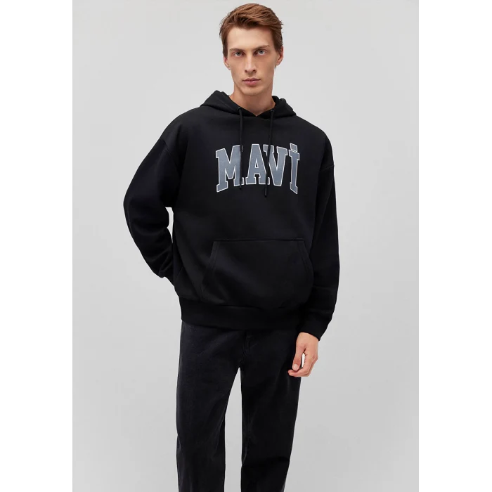 Mavi 067149-902 Mavi Logo Baskılı Kapüşonlu Siyah Sweatshirt