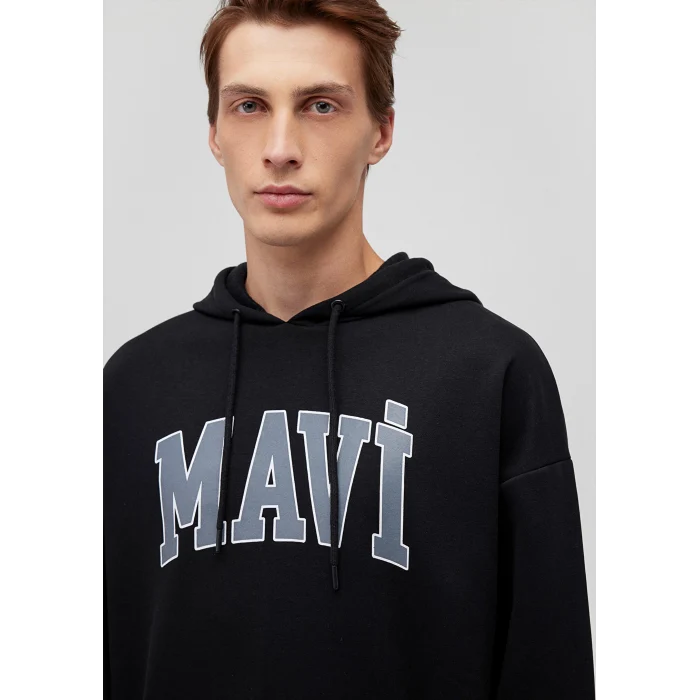 Mavi 067149-902 Mavi Logo Baskılı Kapüşonlu Siyah Sweatshirt
