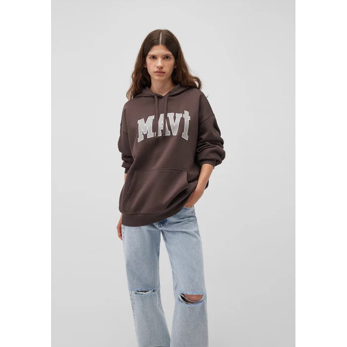 Mavi 1600361-70222 Mavi Logo Baskılı Kapüşonlu Kahverengi Sweatshirt