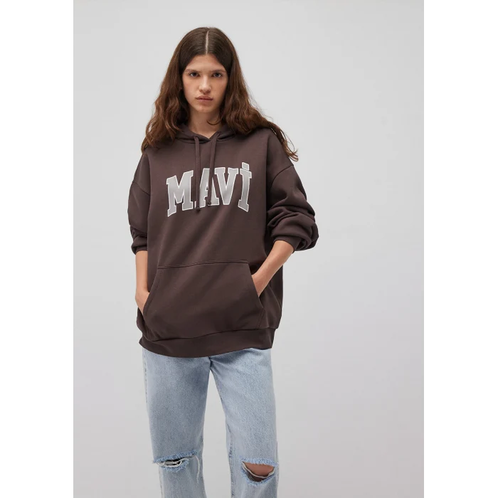 Mavi 1600361-70222 Mavi Logo Baskılı Kapüşonlu Kahverengi Sweatshirt