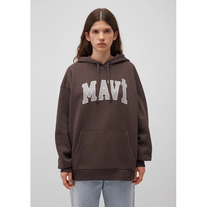 Mavi 1600361-70222 Mavi Logo Baskılı Kapüşonlu Kahverengi Sweatshirt