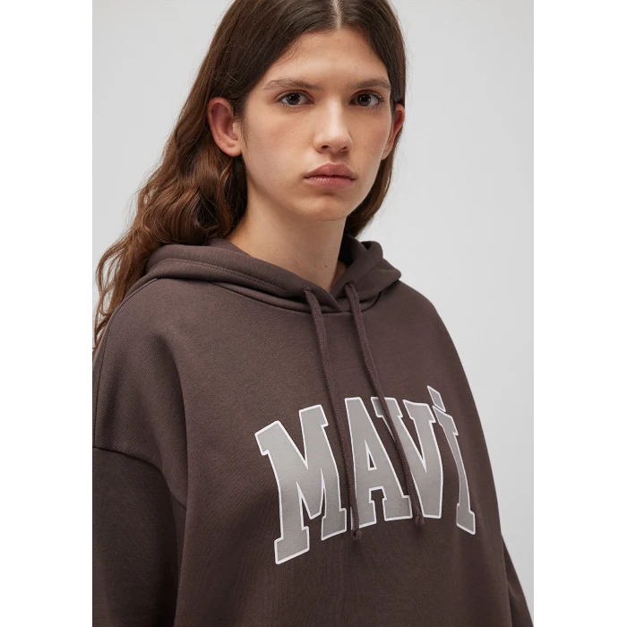 Mavi 1600361-70222 Mavi Logo Baskılı Kapüşonlu Kahverengi Sweatshirt