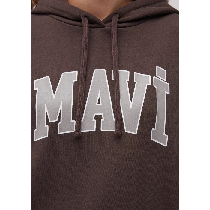 Mavi 1600361-70222 Mavi Logo Baskılı Kapüşonlu Kahverengi Sweatshirt
