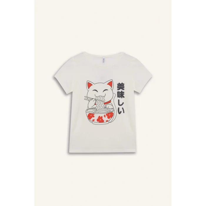 Defacto E0530 Ekru Kız Çocuk Pijama Takımı Baskılı Kısa Kollu Üst Desenli Şort