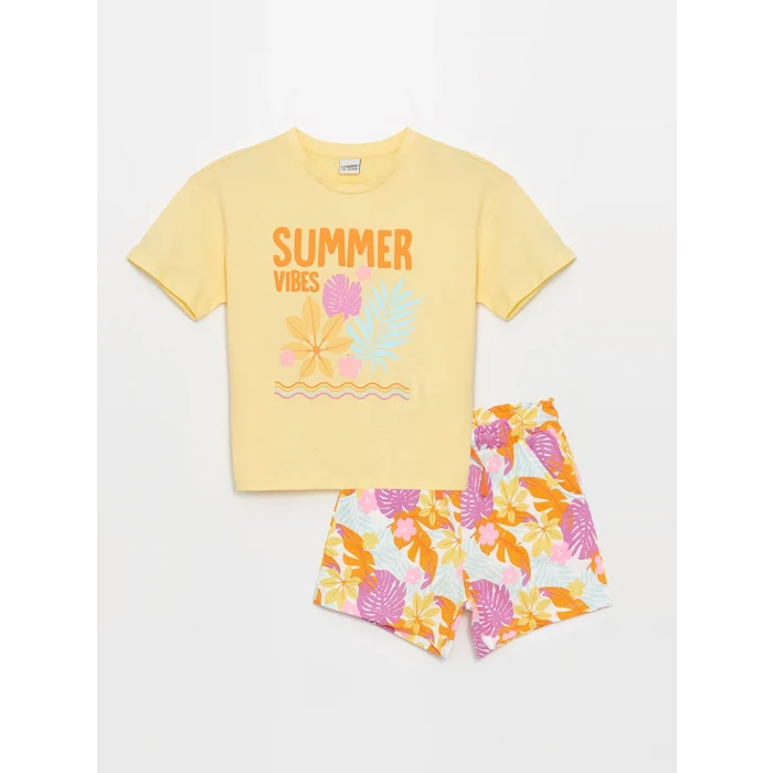 LCW Kids Sari Bisiklet Yaka Baskılı Kısa Kollu Kız Çocuk Tişört ve Şort