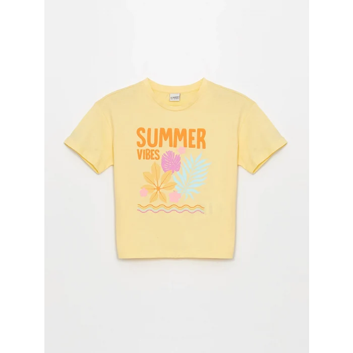 LCW Kids Sari Bisiklet Yaka Baskılı Kısa Kollu Kız Çocuk Tişört ve Şort