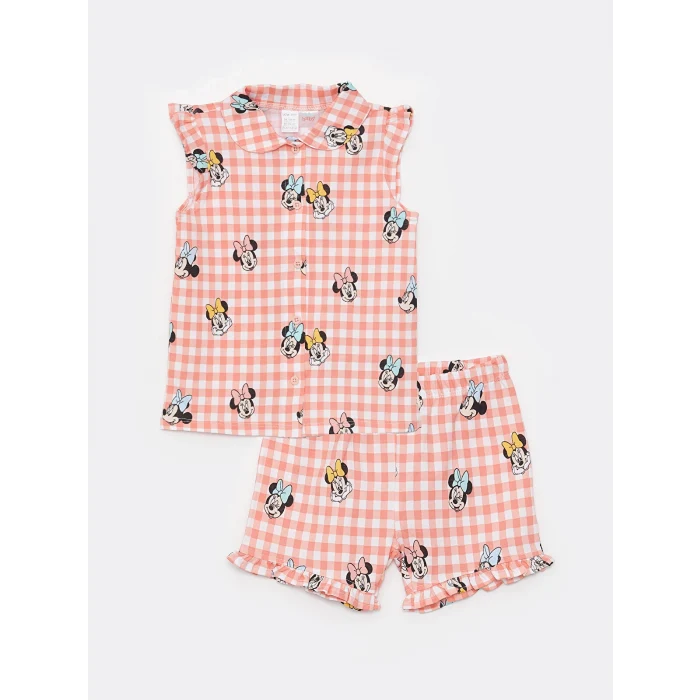 LCW baby Ekru Bebe Yaka Minnie ve Mickey Mouse Baskılı Kız Bebek Pijama Takım