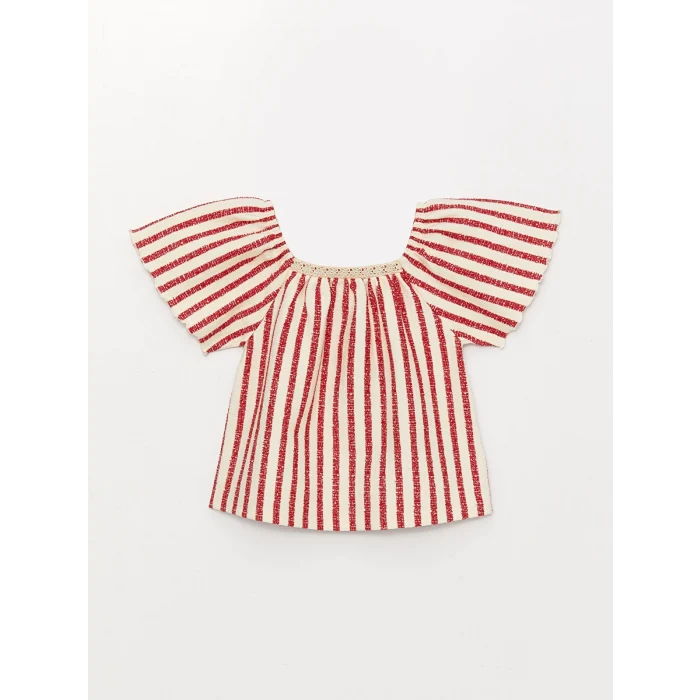 LCW baby Kirmizi Kare Yaka Kısa Kollu Çizgili Kız Bebek Bluz ve Şort 2li Takım