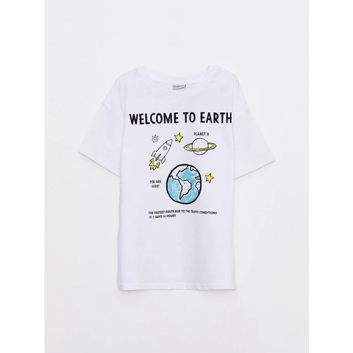 LCW Kids Beyaz Bisiklet Yaka Baskılı Kısa Kollu Pamuklu Erkek Çocuk Tişört