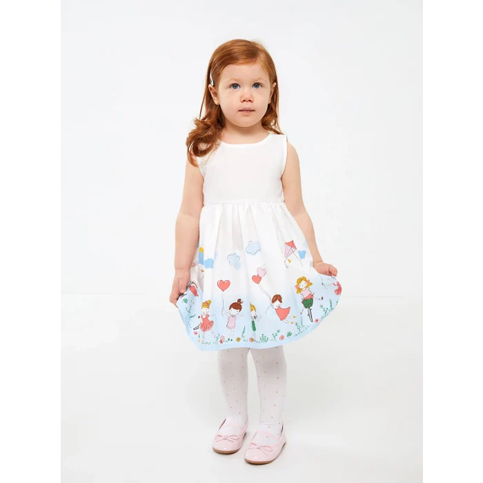 LCW baby Beyaz Bisiklet Yaka Desenli Kız Bebek Elbise