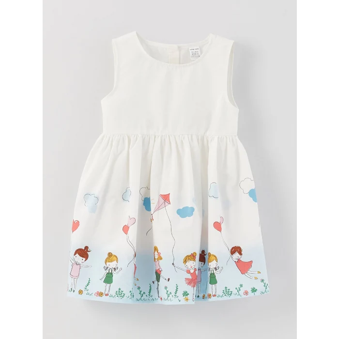 LCW baby Beyaz Bisiklet Yaka Desenli Kız Bebek Elbise