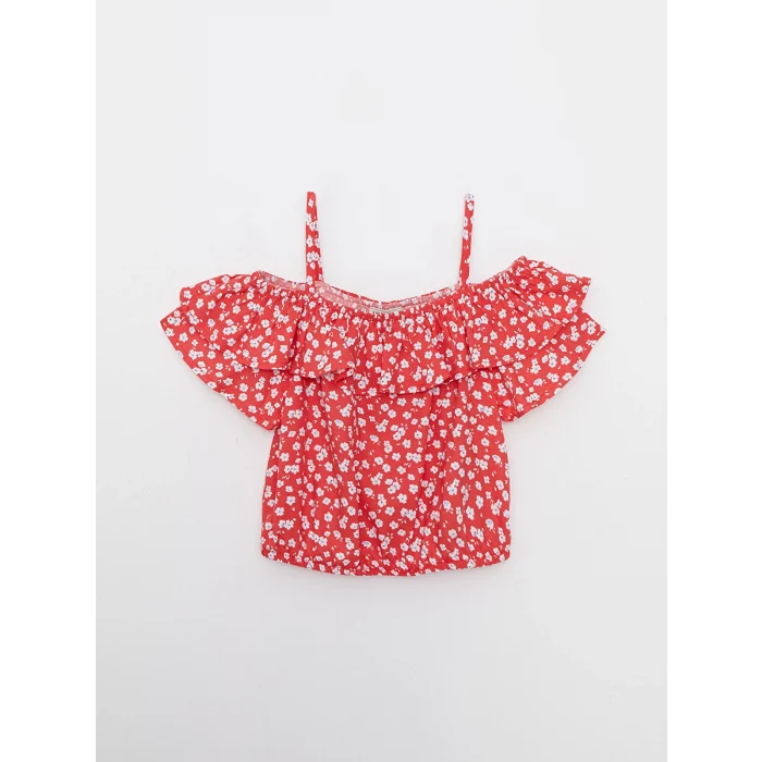 LCW Kids Kirmizi Kayık Yaka Desenli Kısa Kollu Viskon Kız Çocuk Bluz