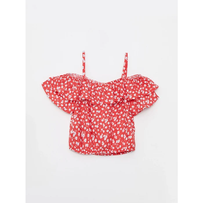 LCW Kids Kirmizi Kayık Yaka Desenli Kısa Kollu Viskon Kız Çocuk Bluz