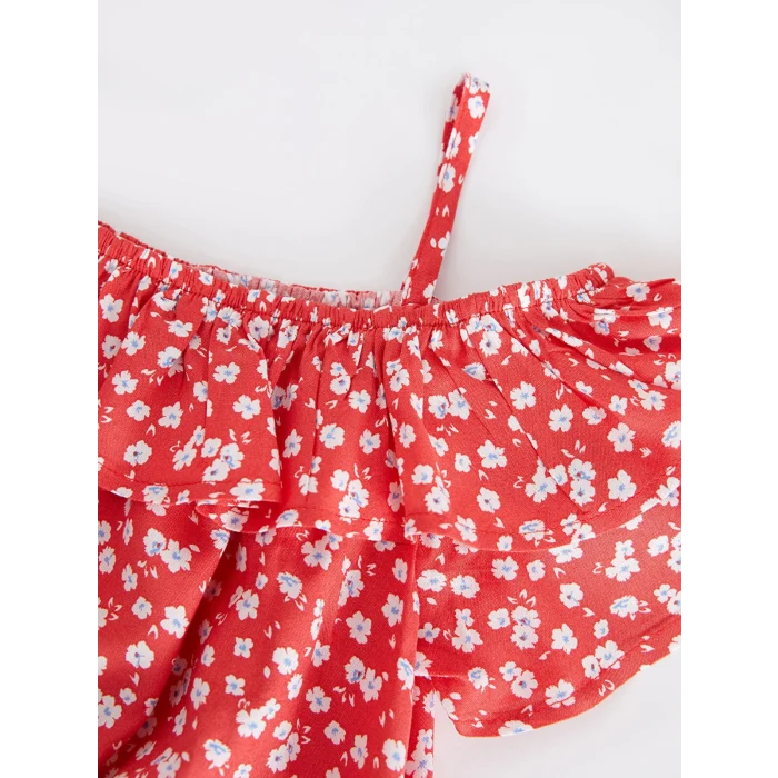 LCW Kids Kirmizi Kayık Yaka Desenli Kısa Kollu Viskon Kız Çocuk Bluz