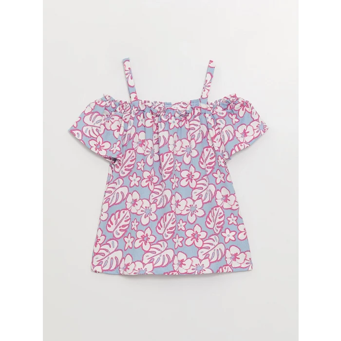 LCW Kids Lila Kayık Yaka Desenli Kısa Kollu Kız Çocuk Tişört