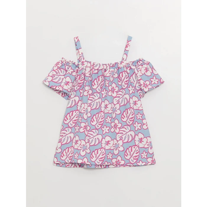 LCW Kids Lila Kayık Yaka Desenli Kısa Kollu Kız Çocuk Tişört