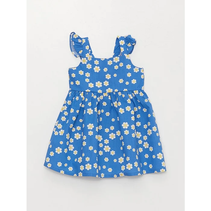 LCW baby Mavi Kare Yaka Desenli Kız Bebek Elbise