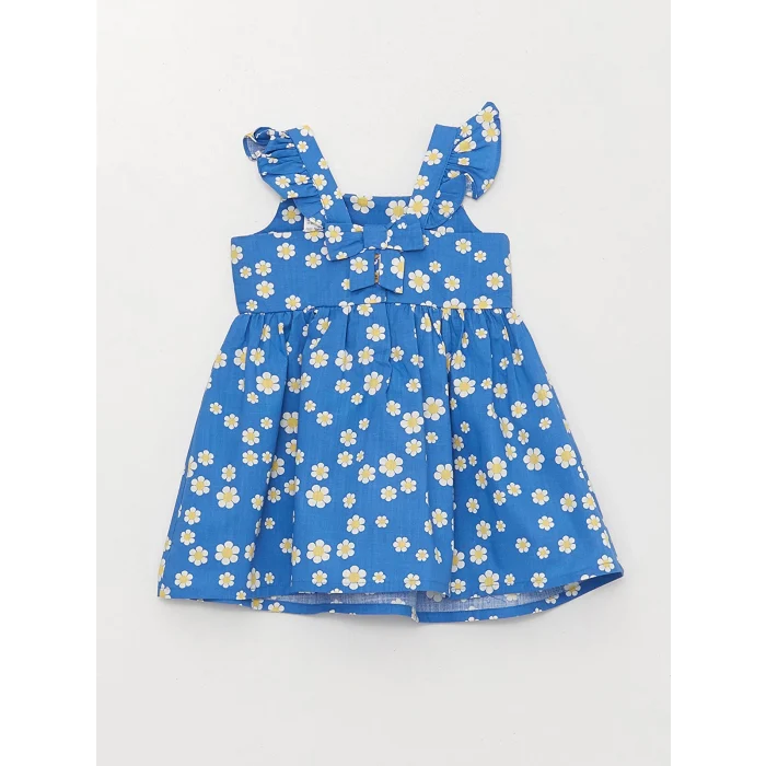 LCW baby Mavi Kare Yaka Desenli Kız Bebek Elbise
