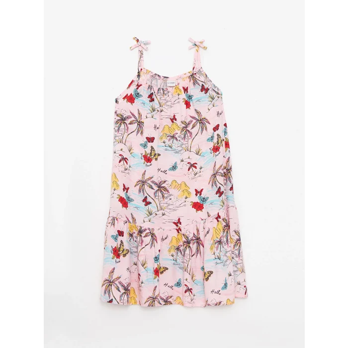 LCW Kids Pembe Kare Yaka Desenli Askılı Kız Çocuk Elbise