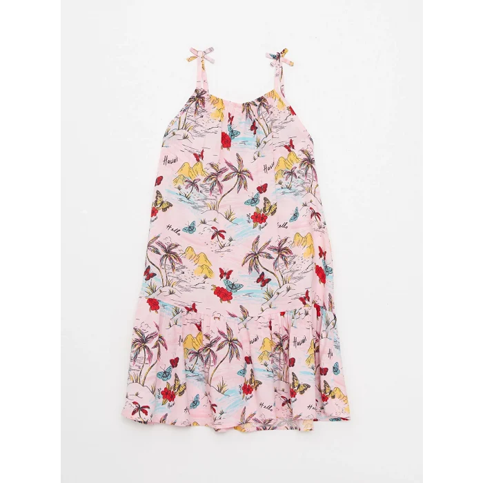 LCW Kids Pembe Kare Yaka Desenli Askılı Kız Çocuk Elbise