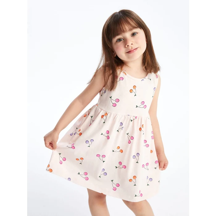LCW Kids Pembe Bisiklet Yaka Baskılı Kız Bebek Elbise