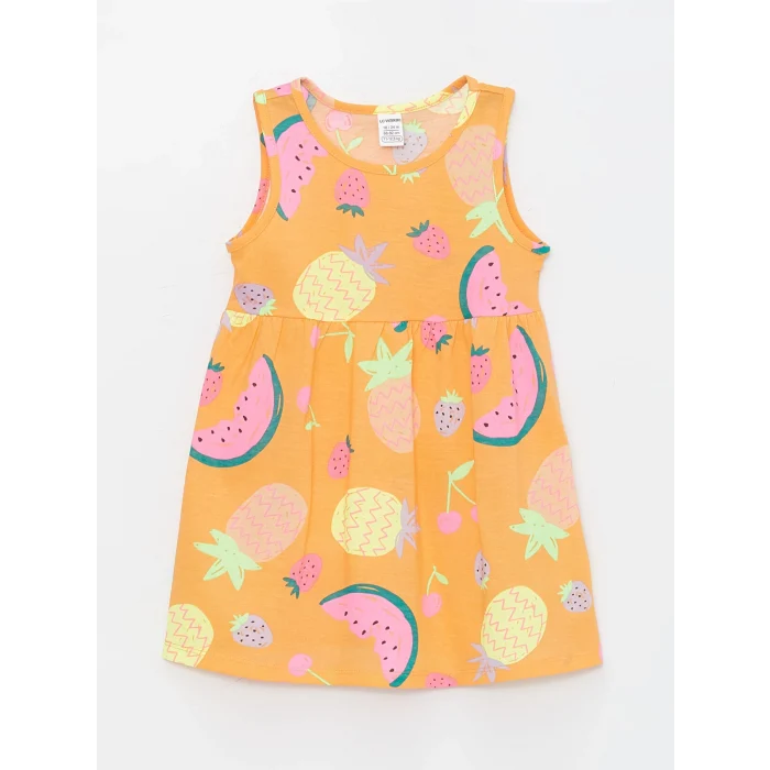 LCW Kids Turuncu Bisiklet Yaka Baskılı Kız Bebek Elbise