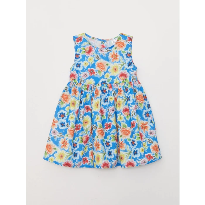 LCW baby Mavi Bisiklet Yaka Desenli Kız Bebek Elbise