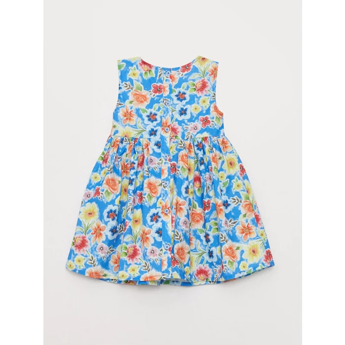 LCW baby Mavi Bisiklet Yaka Desenli Kız Bebek Elbise
