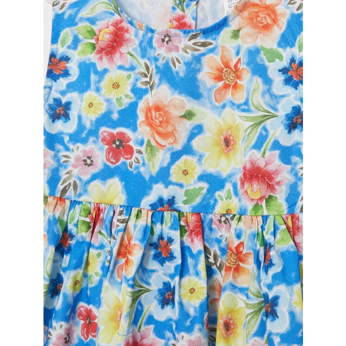 LCW baby Mavi Bisiklet Yaka Desenli Kız Bebek Elbise