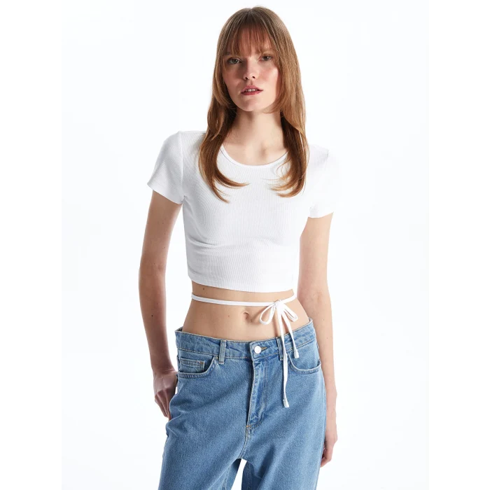 XSIDE Beyaz Bisiklet Yaka Düz Kısa Kollu Kadın Crop