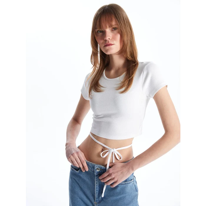 XSIDE Beyaz Bisiklet Yaka Düz Kısa Kollu Kadın Crop