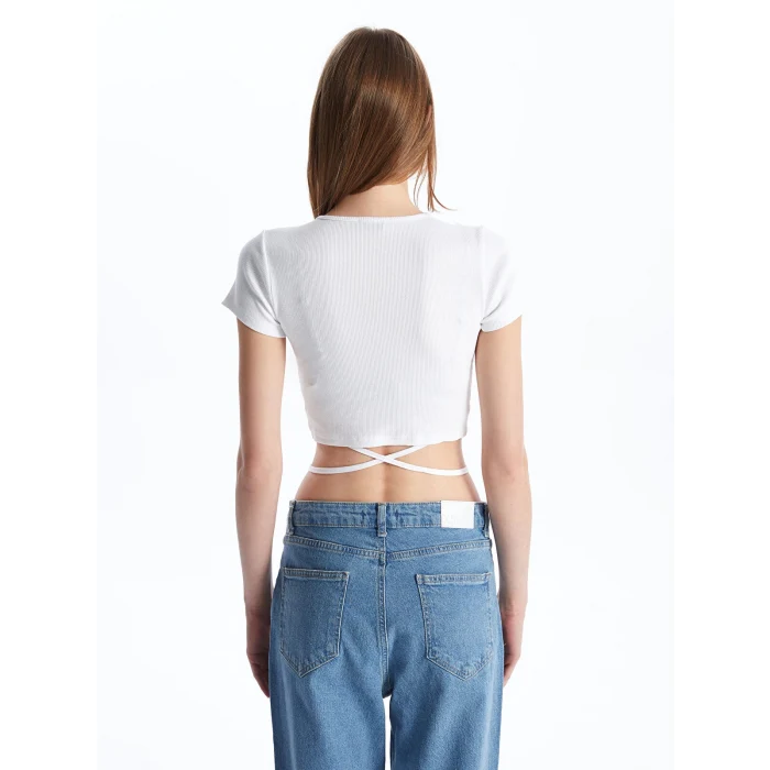 XSIDE Beyaz Bisiklet Yaka Düz Kısa Kollu Kadın Crop