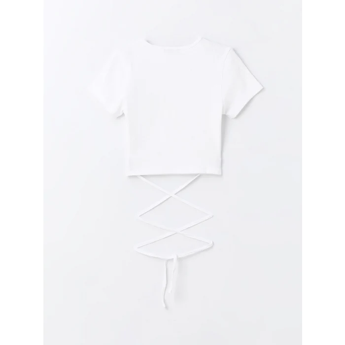 XSIDE Beyaz Bisiklet Yaka Düz Kısa Kollu Kadın Crop