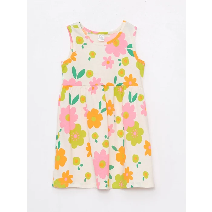 LCW Kids Ekru Bisiklet Yaka Baskılı Kız Bebek Elbise