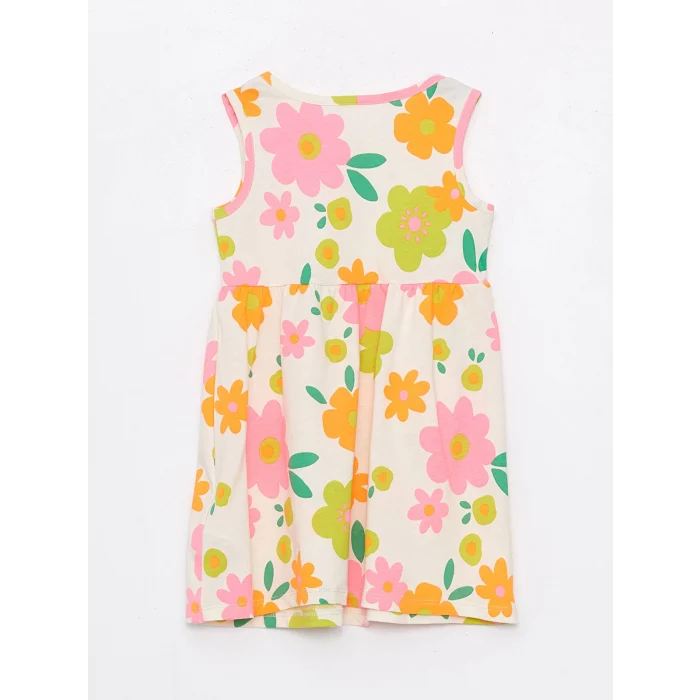 LCW Kids Ekru Bisiklet Yaka Baskılı Kız Bebek Elbise