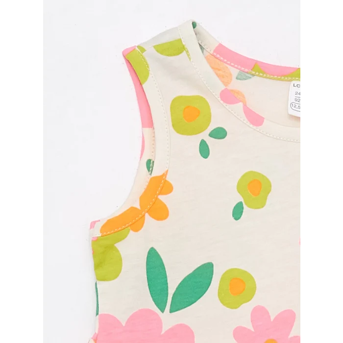 LCW Kids Ekru Bisiklet Yaka Baskılı Kız Bebek Elbise