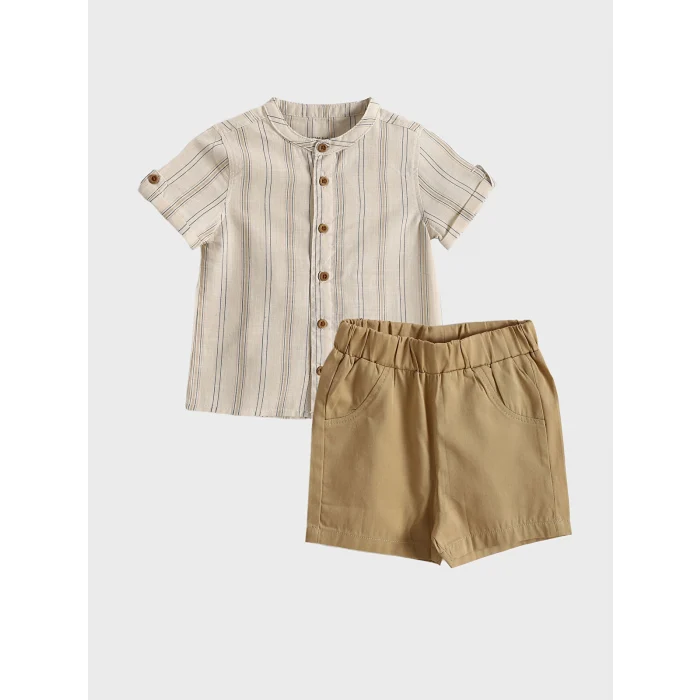 LCW baby Ekru Çizgili Erkek Bebek Gömlek ve Şort 2li