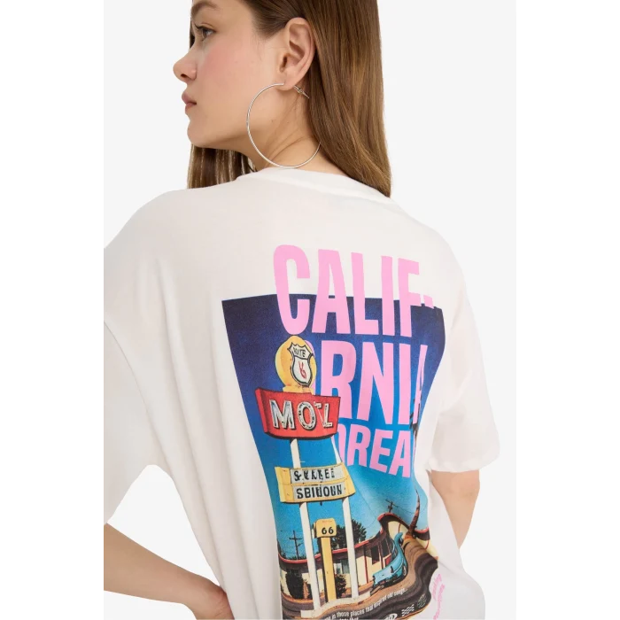 Defacto F4789 Beyaz Coool Oversize Geniş Kalıp Bisiklet Yaka Baskılı Kısa Kollu Tişört