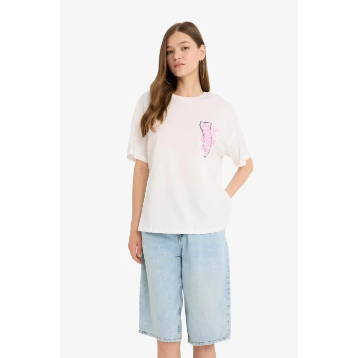 Defacto F4789 Beyaz Coool Oversize Geniş Kalıp Bisiklet Yaka Baskılı Kısa Kollu Tişört