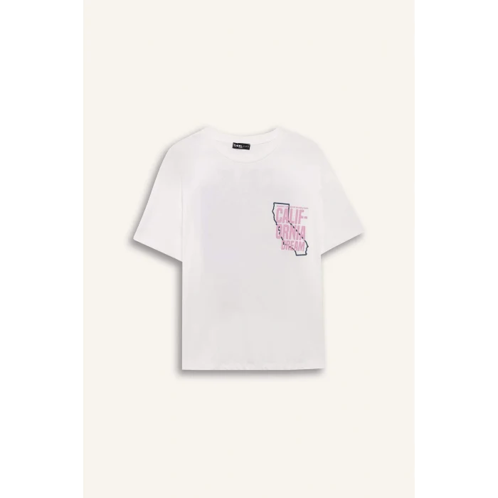 Defacto F4789 Beyaz Coool Oversize Geniş Kalıp Bisiklet Yaka Baskılı Kısa Kollu Tişört