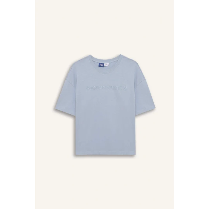 Defacto E3609 Mavi DeFactoFit NBA Boston Celtics Oversize Geniş Kalıp Bisiklet Yaka Nakış Baskı Kısa Kollu Tişört
