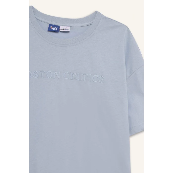 Defacto E3609 Mavi DeFactoFit NBA Boston Celtics Oversize Geniş Kalıp Bisiklet Yaka Nakış Baskı Kısa Kollu Tişört