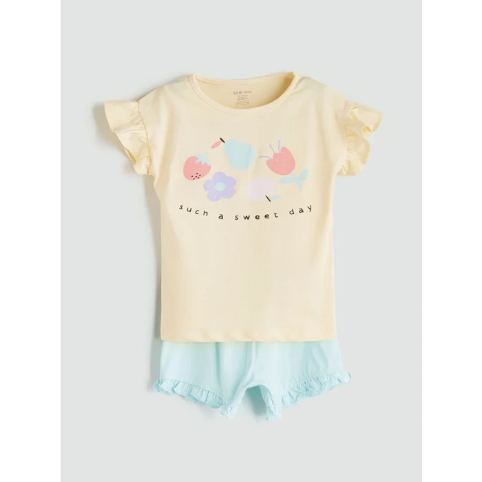 LCW baby Sari Bisiklet Yaka Baskılı Kız Çocuk Tişört ve Şort 2li