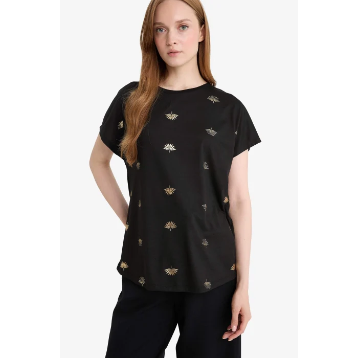 Defacto E1166 Siyah Regular Fit Bisiklet Yaka Desenli Kısa Kollu Tişört