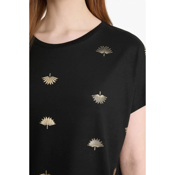 Defacto E1166 Siyah Regular Fit Bisiklet Yaka Desenli Kısa Kollu Tişört