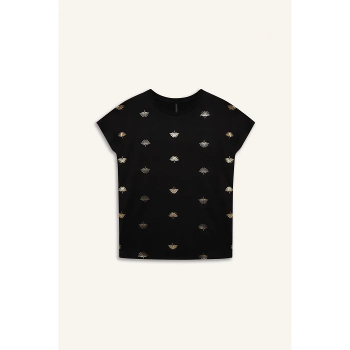 Defacto E1166 Siyah Regular Fit Bisiklet Yaka Desenli Kısa Kollu Tişört