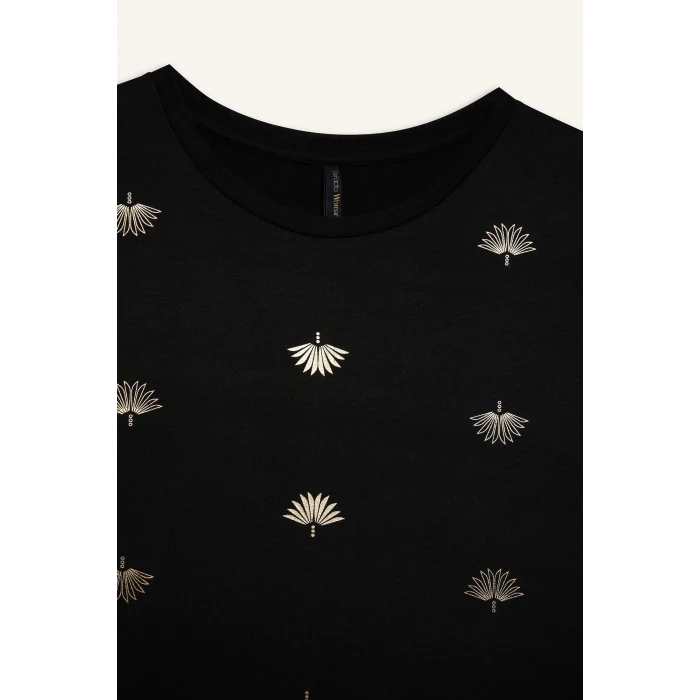 Defacto E1166 Siyah Regular Fit Bisiklet Yaka Desenli Kısa Kollu Tişört